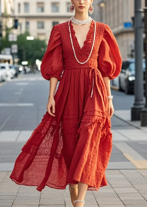 French Red V Neck Exra Large Hem Cotton Ankle Dress Half Sleeve