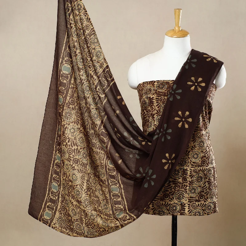 Brown - 3pc Cotton Kutch Batik Print Dress Material 52