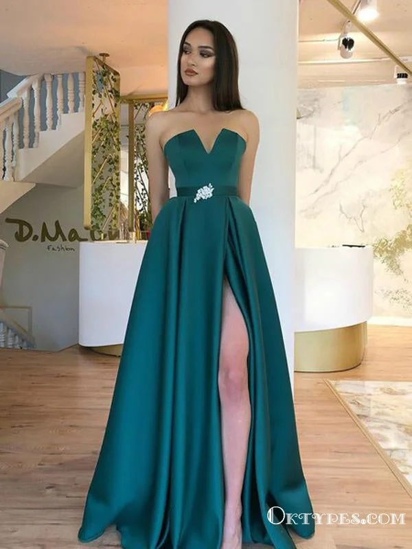 New Arrival Charming Satin Long Belt Strapless High Slit Green A Line Cheap Formal Evening Prom Dresses, PDS0048 New Arrival Charming Satin Long Belt Strapless High Slit Green A Line Cheap Formal Evening Prom Dresses, PDS0048
