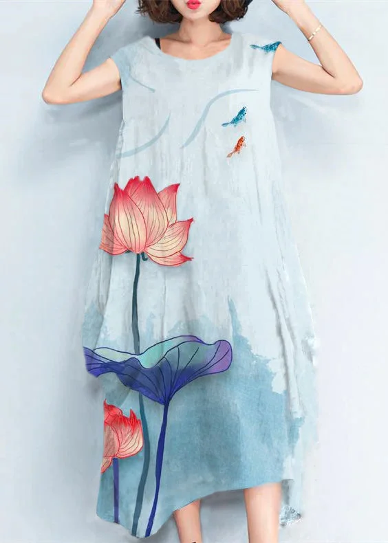 2025 Blue Flowers natural cotton polyester dress oversize sleeveless traveling dress Elegant kaftans 2025 Blue Flowers natural cotton polyester dress oversize sleeveless traveling dress Elegant kaftans