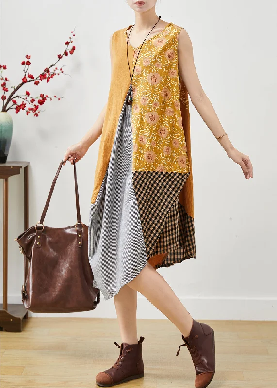 Art Colorblock Asymmetrical Patchwork Linen Dresses Sleeveless