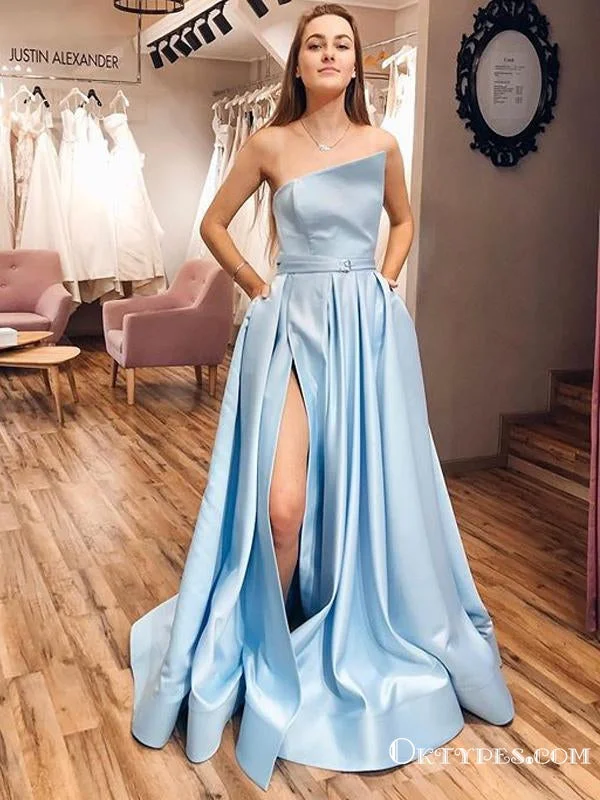 New Arrival Charming Sky Blue Satin Strapless A-Line Split Long Cheap Prom Dresses with Pockets, PDS0035 New Arrival Charming Sky Blue Satin Strapless A-Line Split Long Cheap Prom Dresses with Pockets, PDS0035