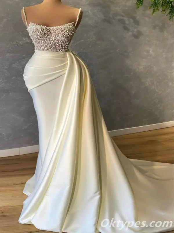Elegant White Satin Spaghetti Straps Mermaid Evening Prom dresses With Beadings,PDS0324 Elegant White Satin Spaghetti Straps Mermaid Evening Prom dresses With Beadings,PDS0324