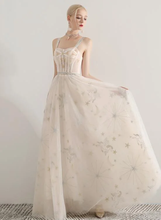 Ivory Sweetheart Straps Long Formal Dress, A-line Ivory Tulle Evening Dress Prom Dress Ivory Sweetheart Straps Long Formal Dress, A-line Ivory Tulle Evening Dress Prom Dress