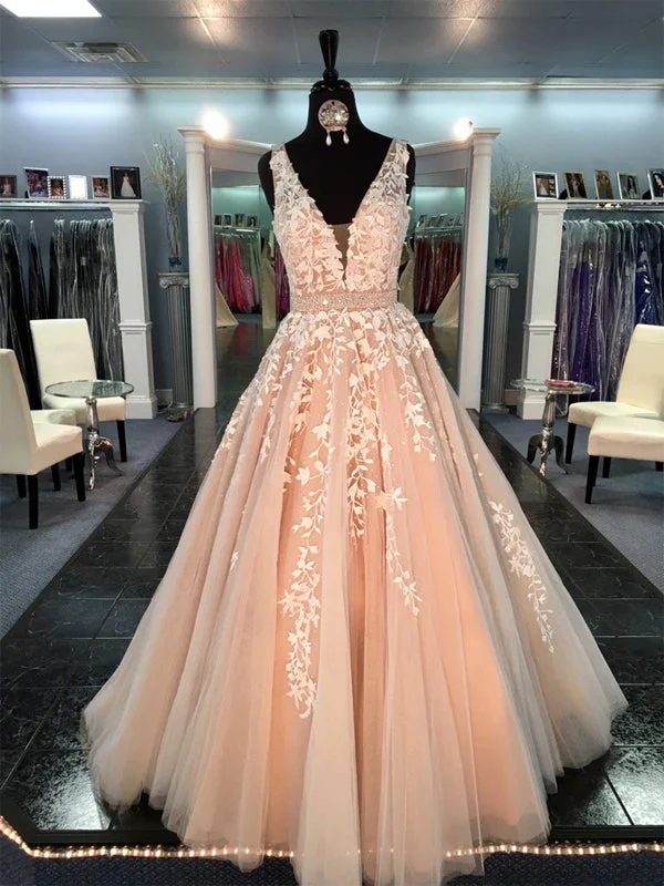 Lace Tulle A line Evening Prom Dresses, Sexy Deep V Neckline Party Prom Dresses, PDS0095 Lace Tulle A line Evening Prom Dresses, Sexy Deep V Neckline Party Prom Dresses, PDS0095