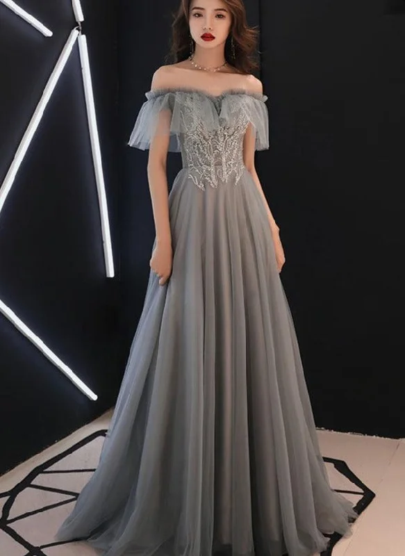 Grey Tulle Sweetheart Floor Length Sweetheart Long Formal Prom Dress, Grey Evening Dress With Applique Grey Tulle Sweetheart Floor Length Sweetheart Long Formal Prom Dress, Grey Evening Dress With Applique