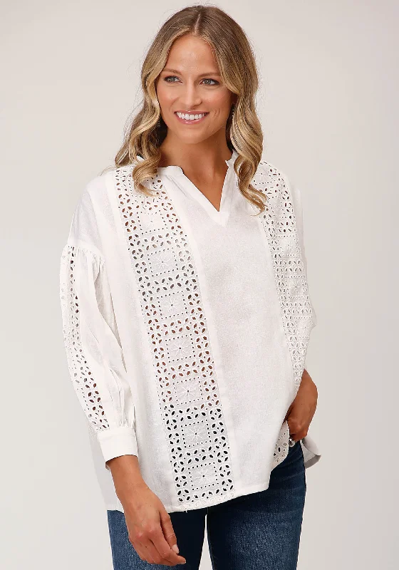 WOMENS LONG SLEEVE 3 QTR SLEEVE PEASANT BLOUSE Textured Cotton Blouse
