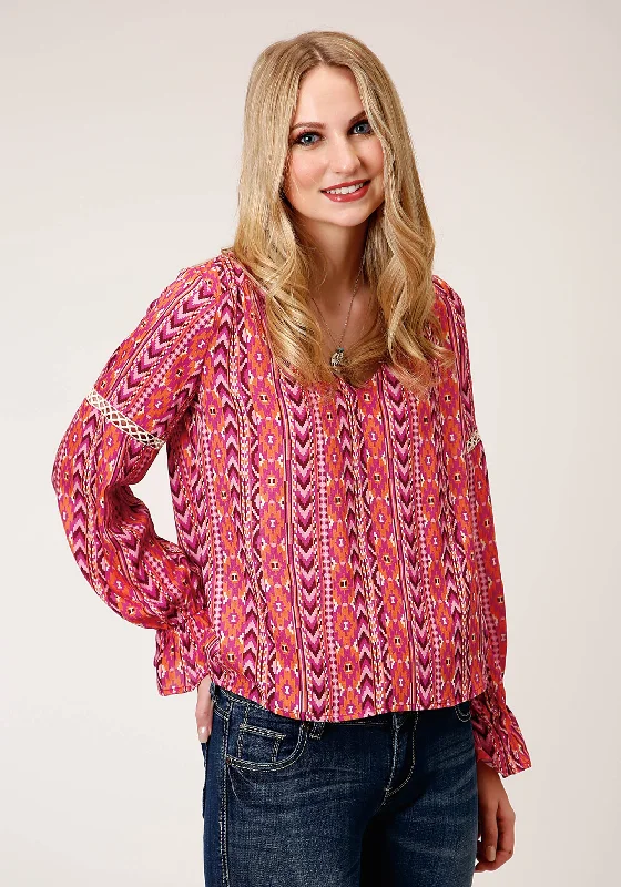 WOMENS LONG SLEEVE AZTEC PRINT RAYON PEASANT BLOUSE Casual Relaxed Blouse