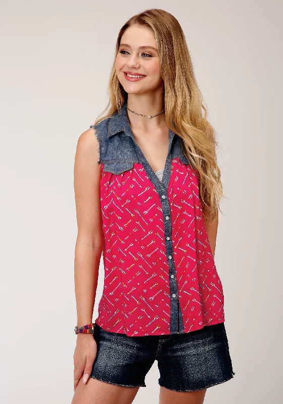 WOMENS ARROW PRT RAYON SLVLS BLOUSE SLEEVELESS TOP Embroidered Cotton Blouse