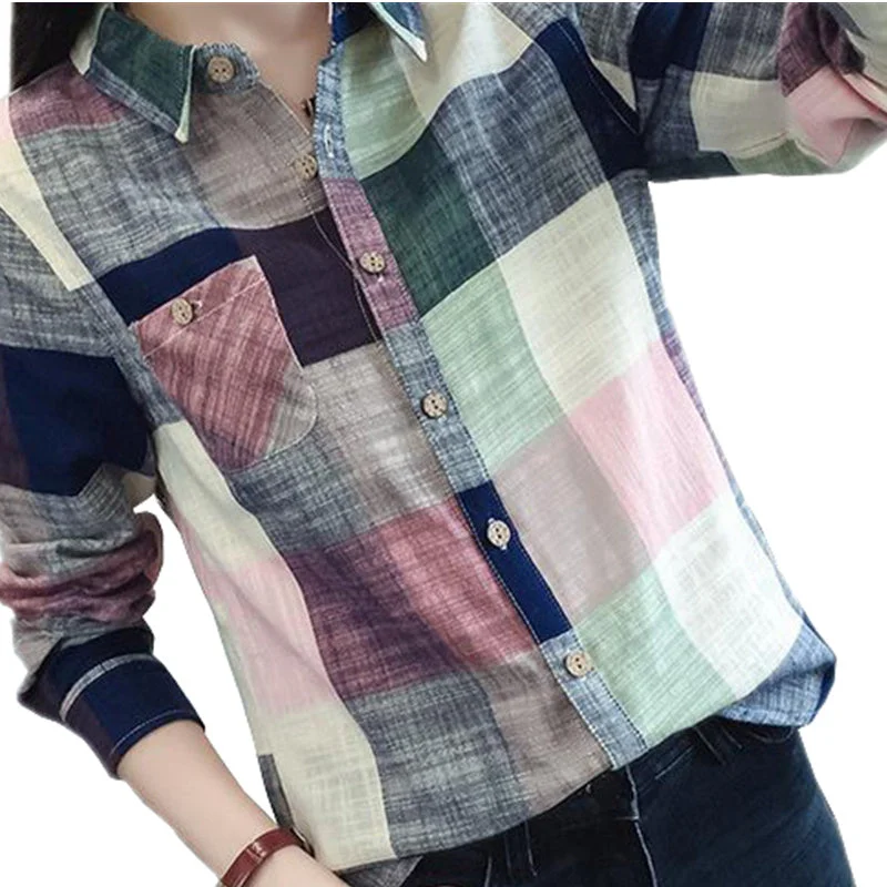 Casual Plaid Women Blouses Kimono Vintage Linen Cotton Long Sleeve Blouse Female Shirts Tops Camisa Feminina Chemise Femme Classic Minimalist Blouse Casual Plaid Women Blouses Kimono Vintage Linen Cotton Long Sleeve Blouse Female Shirts Tops Camisa Feminina Chemise Femme Classic Minimalist Blouse