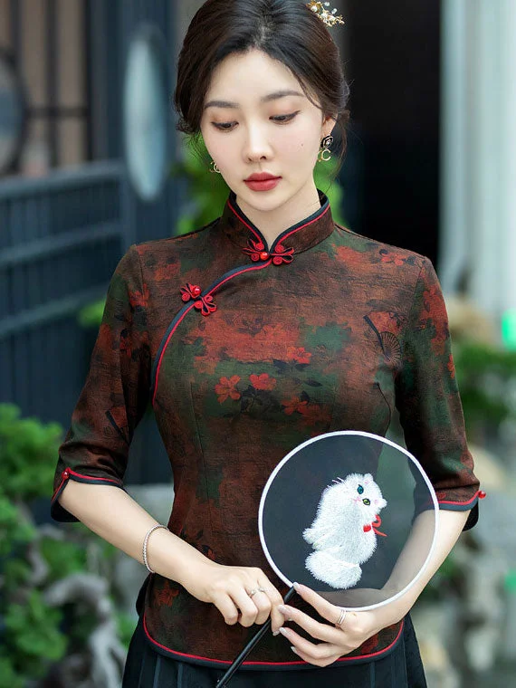 2024 Floral Print Mothers Cheongsam Blouse Top Lightweight Tunic Blouse