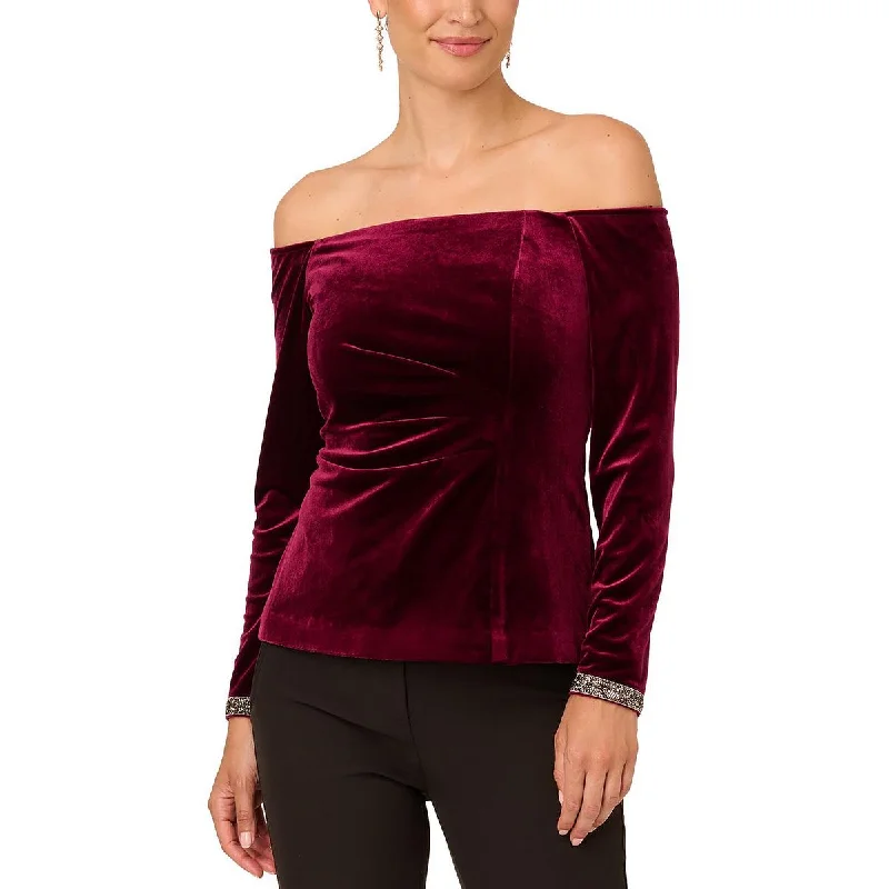 Adrianna Papell Womens Embellished Ruched Blouse Silky Tunic Blouse