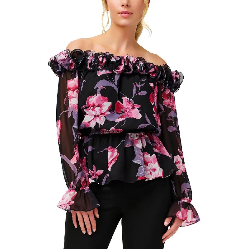 Adrianna Papell Womens Floral Ruffled Blouse Off-Shoulder Wrap Blouse