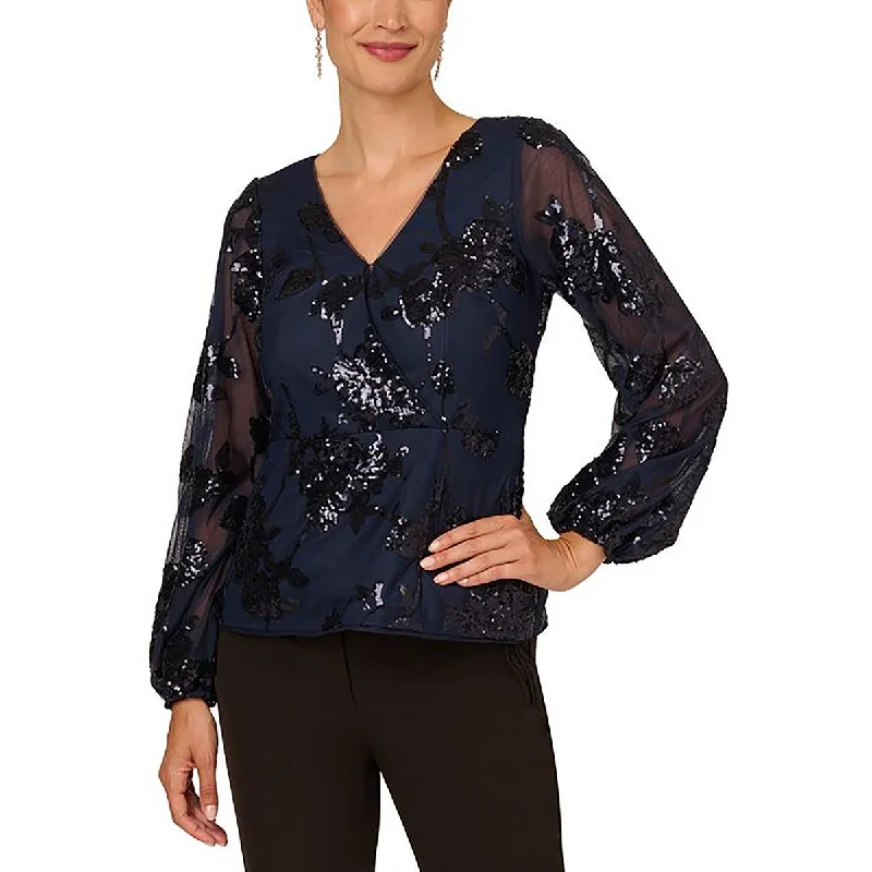 Adrianna Papell Womens Floral Sequined Blouse Double-Layered Blouse