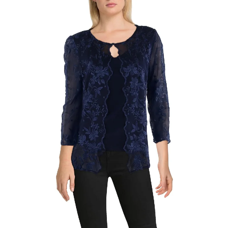 Alex Evenings Womens Embroidered Lace Overlay Blouse Lightweight Chiffon Blouse