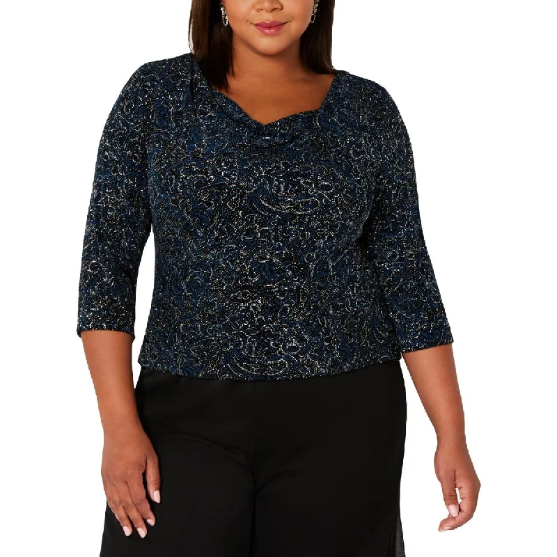 Alex Evenings Womens Plus Cowl-Neck V Neck Blouse Lightweight Floral Blouse