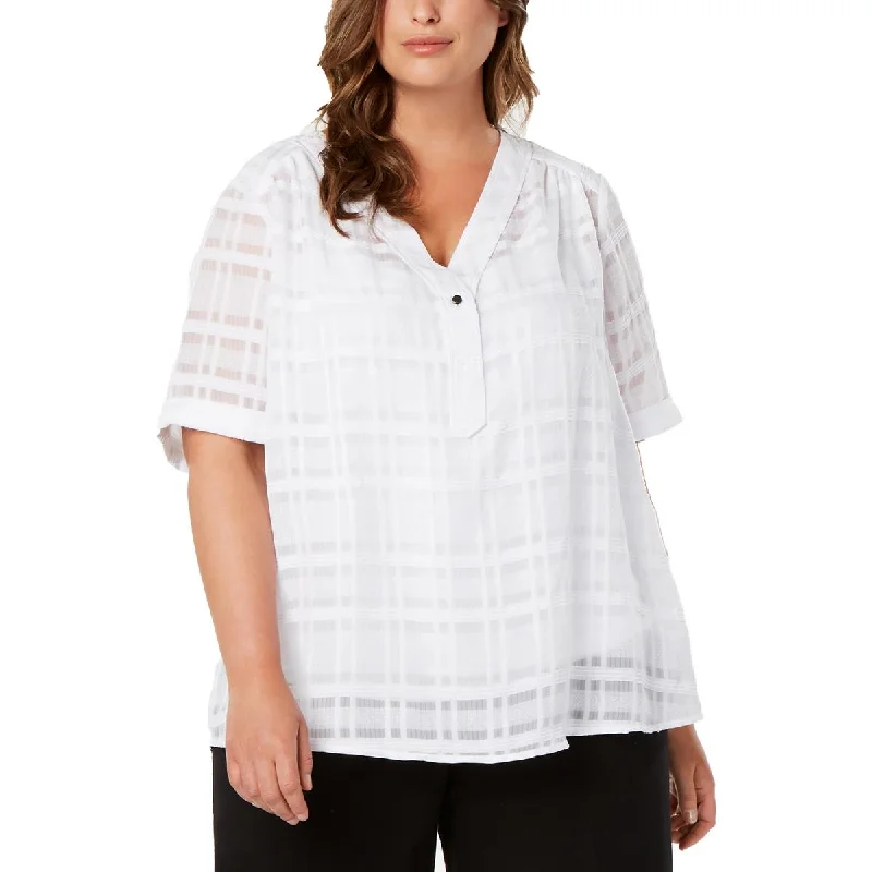 Alfani Womens Plus Shadow Plaid Button Down Blouse Embroidered Floral Blouse