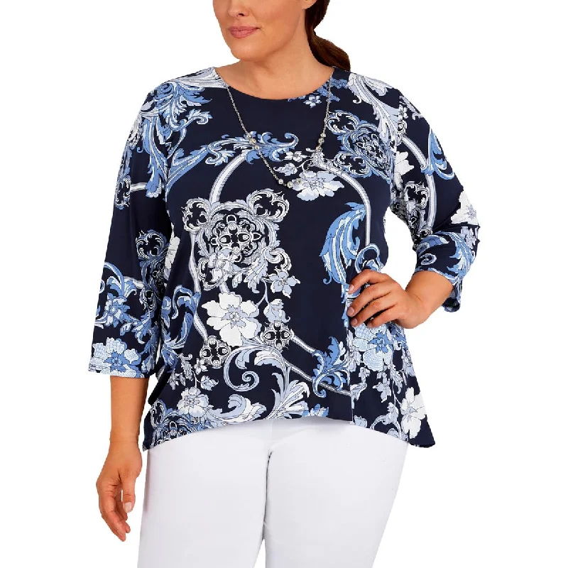 Alfred Dunner Womens Plus Printed Long Sleeve Blouse Ruched Sleeve Blouse