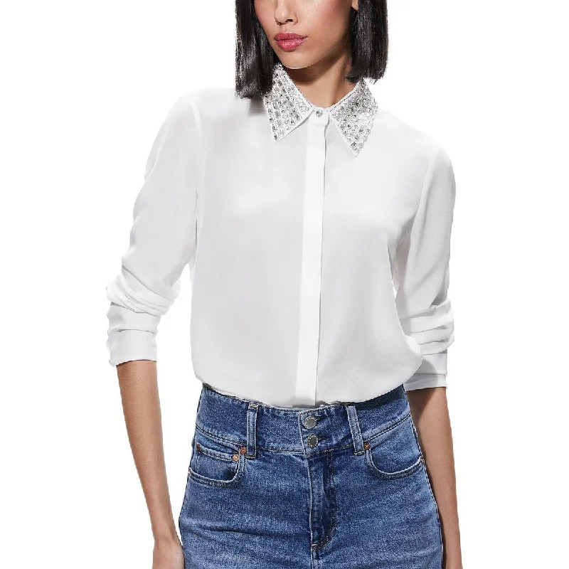 Alice and Olivia Womens   Willa Silk Embellished Blouse Soft Modal Blouse