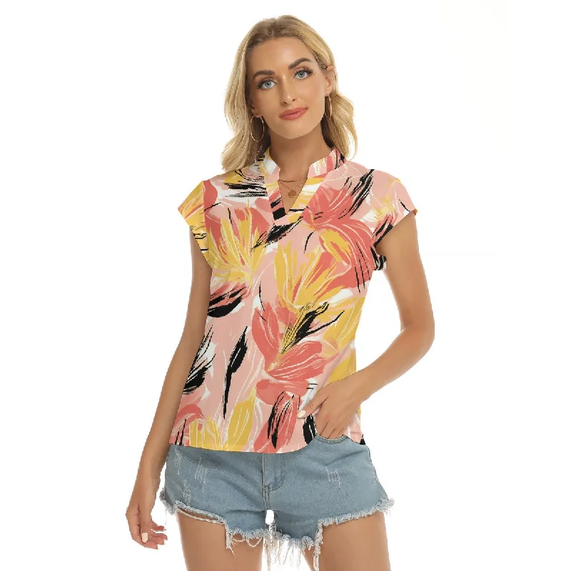 Pink Floral | V-neck Short Sleeve Blouse Bell Sleeve Blouse