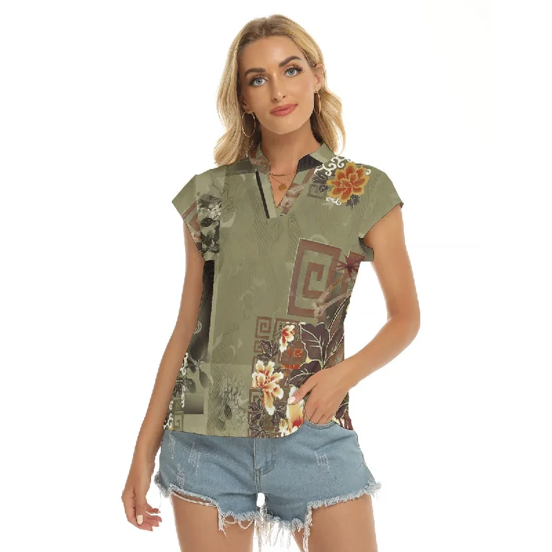 Olive Floral | V-neck Short Sleeve Blouse Slim Fit Blouse