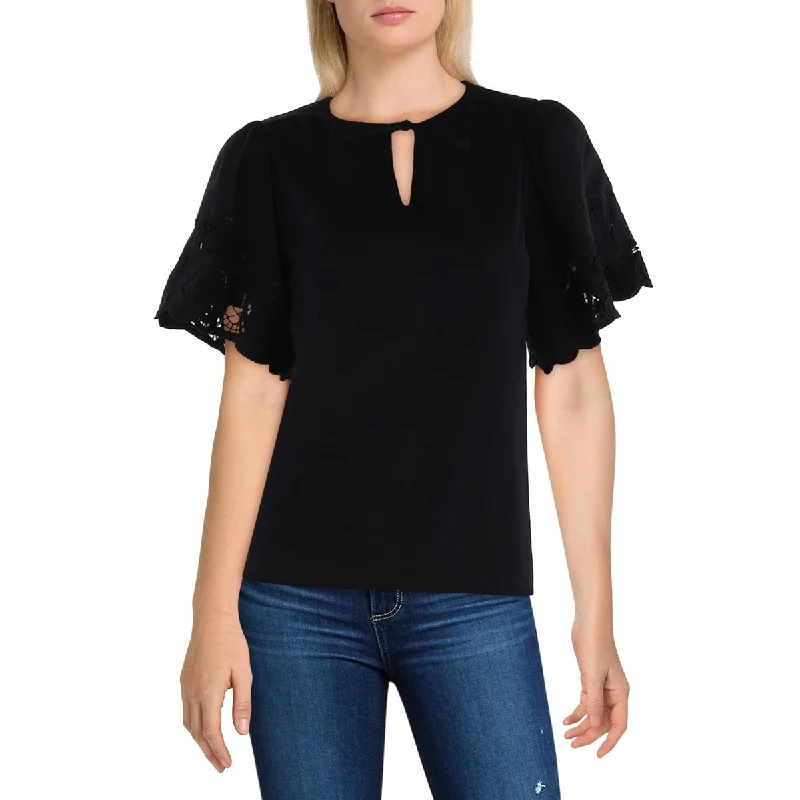 Anne Klein Womens Embroidered Tie Neck Blouse Playful Puff Blouse
