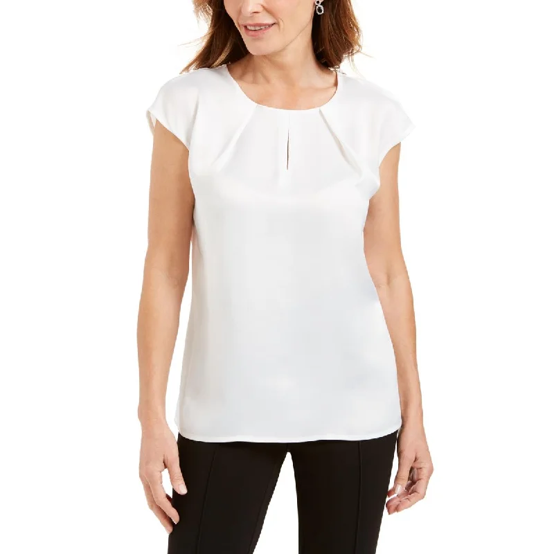 Anne Klein Womens Keyhole Pleated Blouse Floral Chiffon Blouse