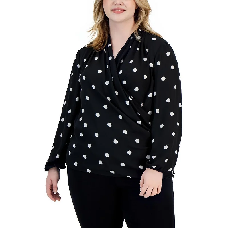 Anne Klein Womens Plus Chiffon Polka Dot Blouse Chic Ruffle Blouse