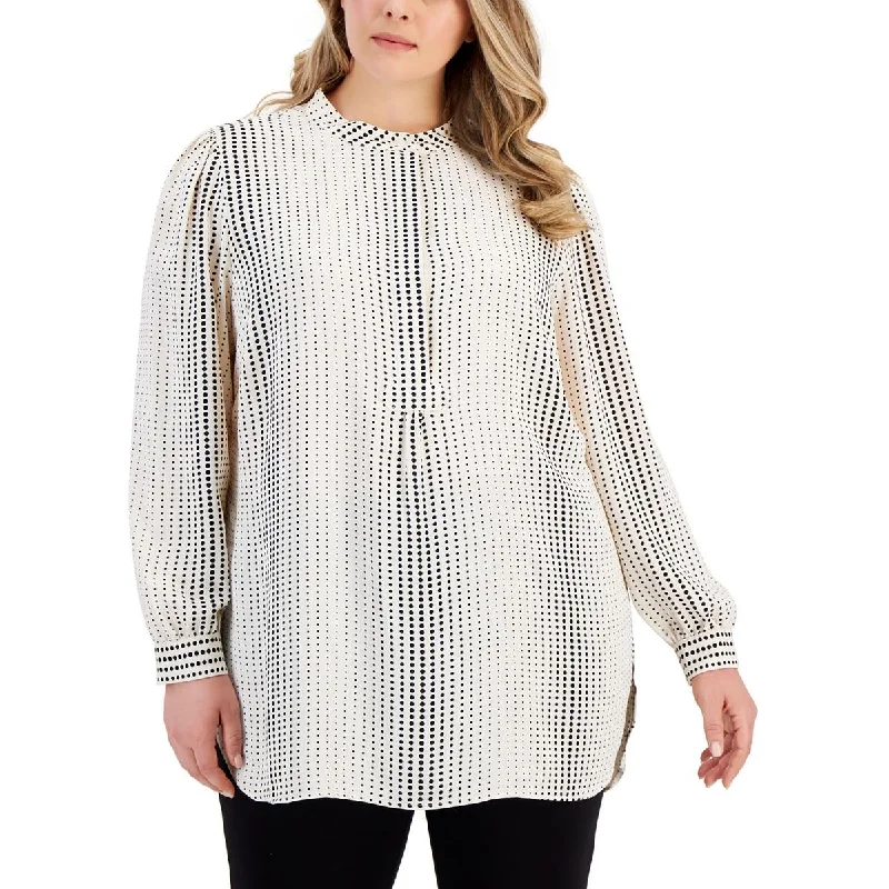 Anne Klein Womens Plus Collar Button Front Blouse Sheer Sleeve Blouse