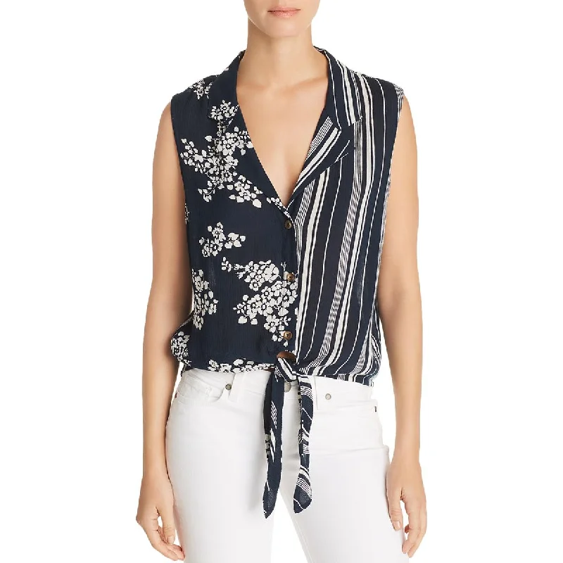 Aqua Womens Mixed Print Tie Front Blouse Pastel Color Blouse