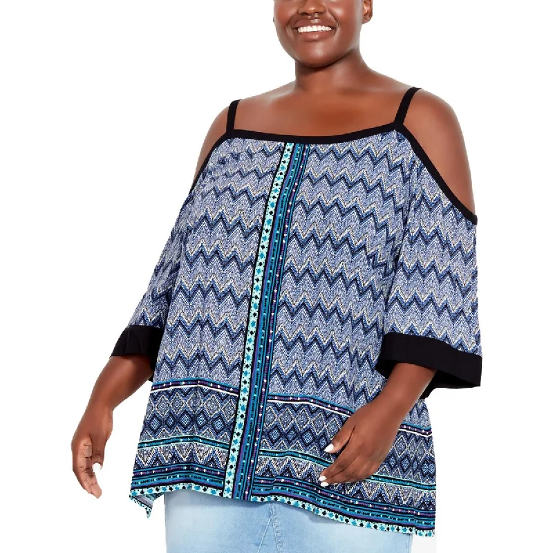 Avenue Womens Printed Cold Shoulder Blouse Embroidered Floral Blouse