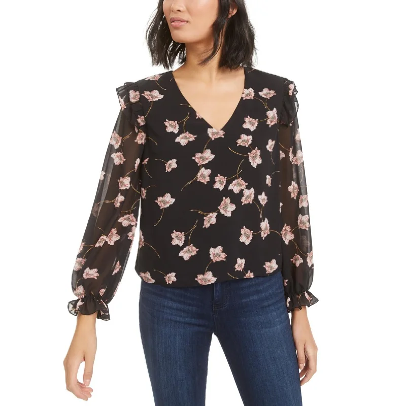 Bar III Womens Floral Print Ruffle Sleeve Blouse Semi-Sheer Blouse