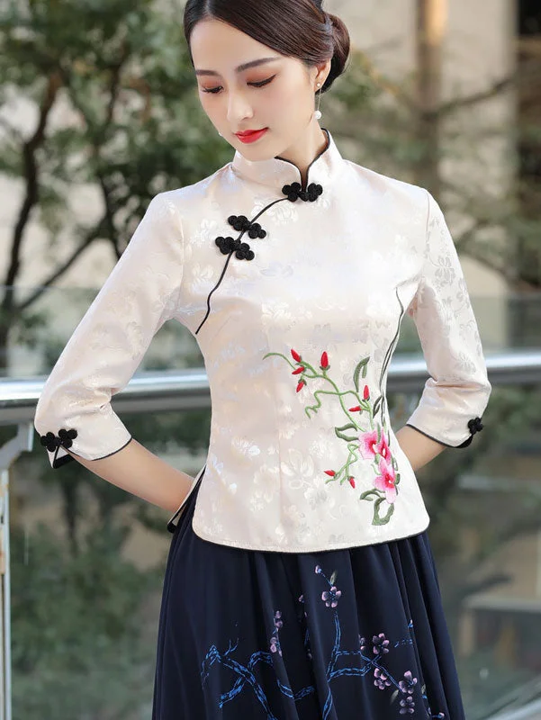 Beige Black Embroidered Cheongsam Blouse Top Peter Pan Blouse