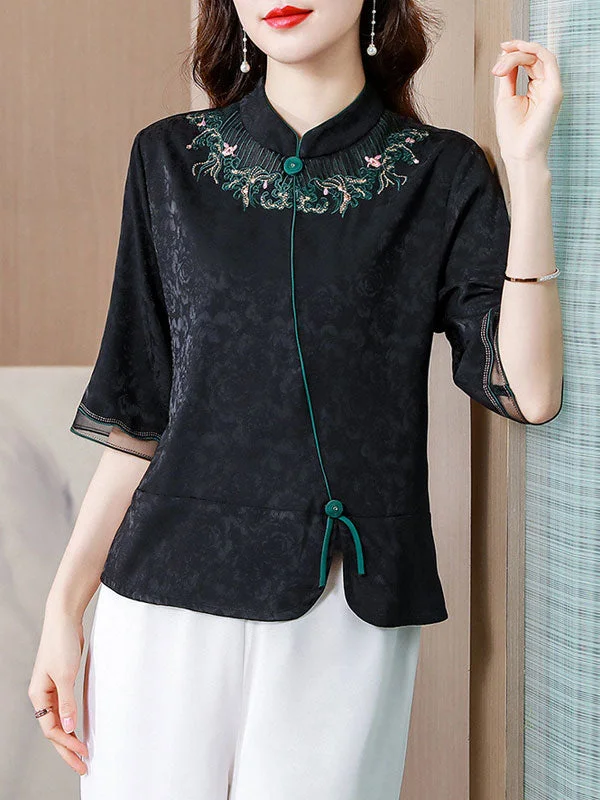 Black Embroidered High Waist Cheongsam Blouse Top Soft Modal Blouse