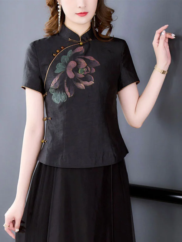Black Floral Print Cheongsam Blouse Top Short Sleeve Blouse