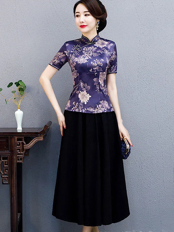 Black Purple Floral Qipao Cheongsam Blouse Top Embroidered Floral Blouse