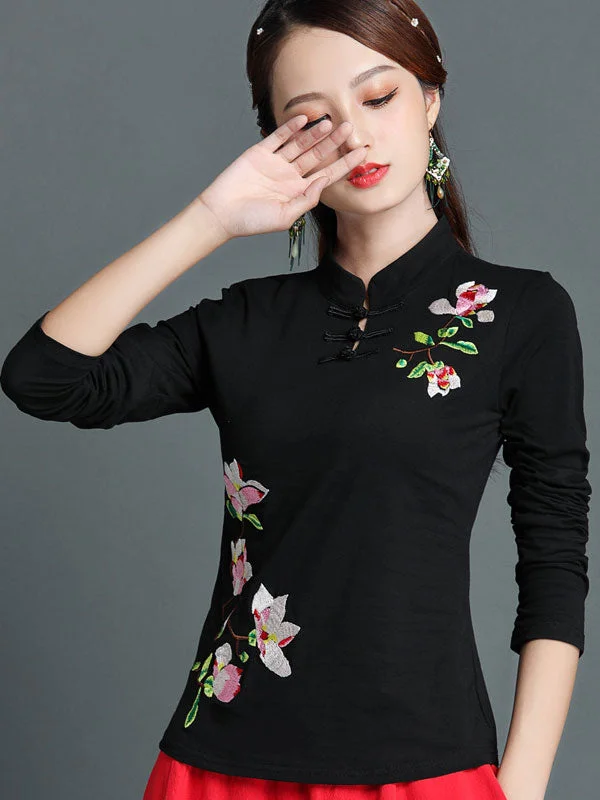 Black Red Embroidered Floral Cheongsam Blouse Top High Neck Blouse