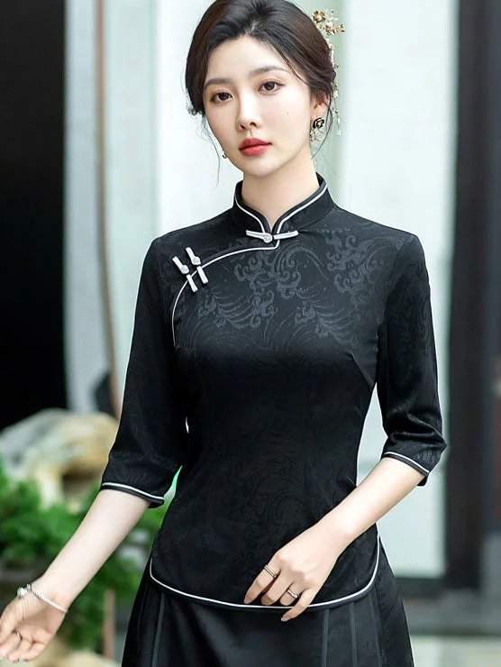 Black Red Mothers Cheongsam Blouse Top Boho Chic Blouse