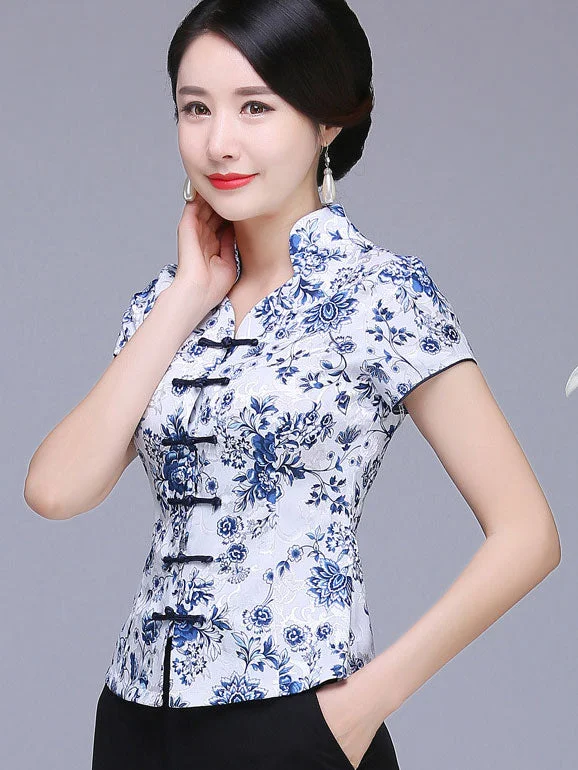 Blue White Floral Buttons Qipao Cheongsam Blouse Top Smart Business Blouse