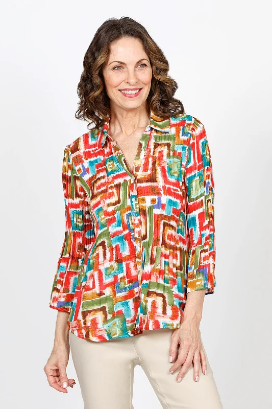 Cali Girls Geometric Pleated Bell Sleeve Blouse Classic White Blouse