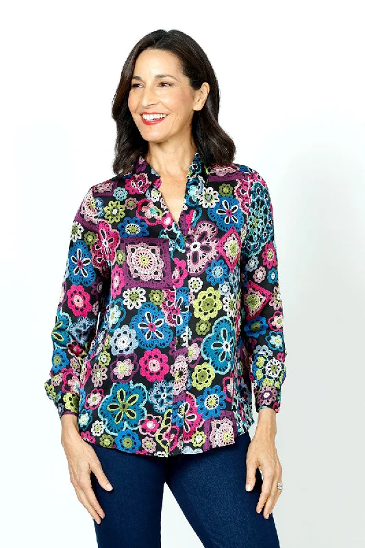 Cali Girls Medallion Button Down Blouse Embroidered Cotton Blouse