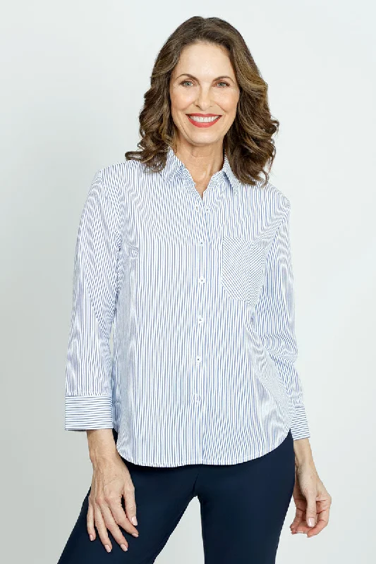 Cali Girls Stripe Blouse with Herringbone Pocket Elegant Embroidery Blouse