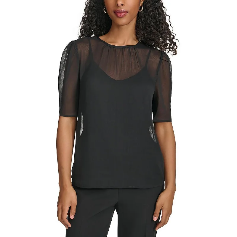 Calvin Klein Womens Chiffon Puff Sleeve Blouse Elegant Peplum Blouse