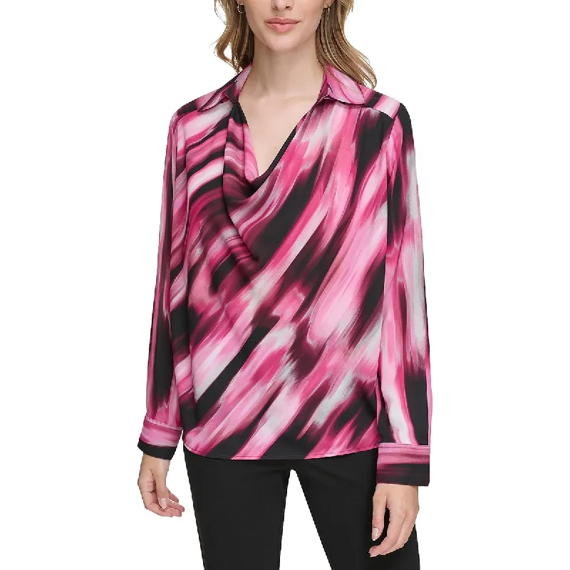 Calvin Klein Womens Cowl Neck Collared Blouse Lightweight Floral Blouse