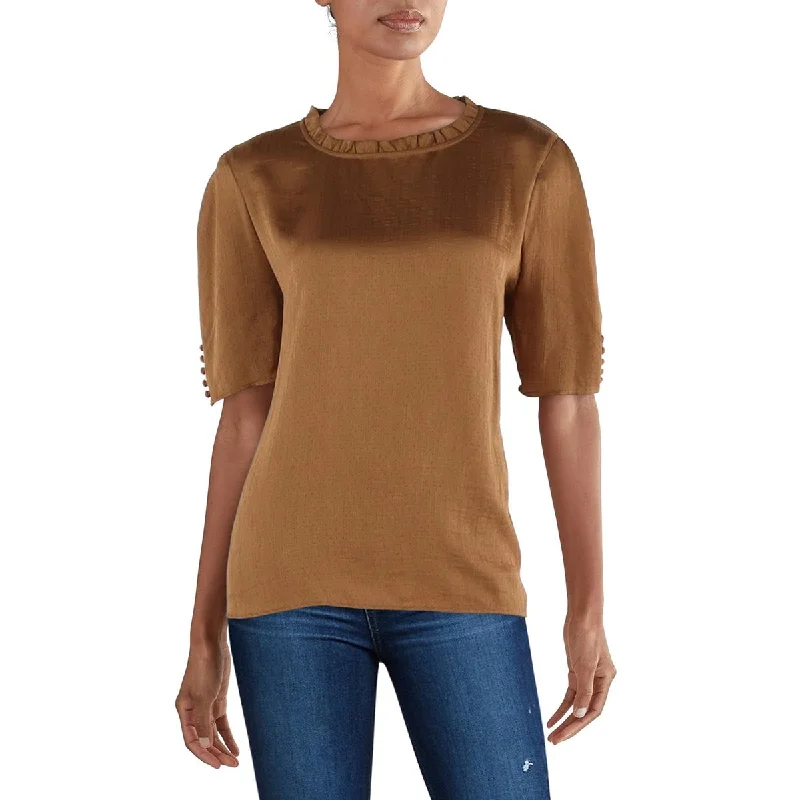 Calvin Klein Womens Crepe Ruffled Neck Blouse Classic Striped Blouse
