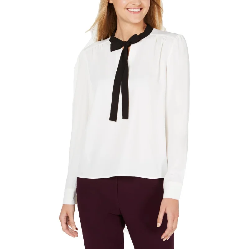Calvin Klein Womens Petites Top Tie-Neck Blouse Mandarin Collar Blouse