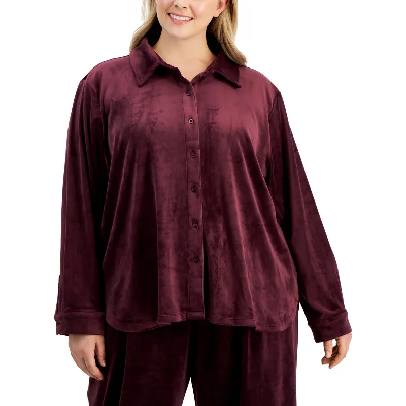 Calvin Klein Womens Plus Button down Velour Blouse Delicate Bow Blouse