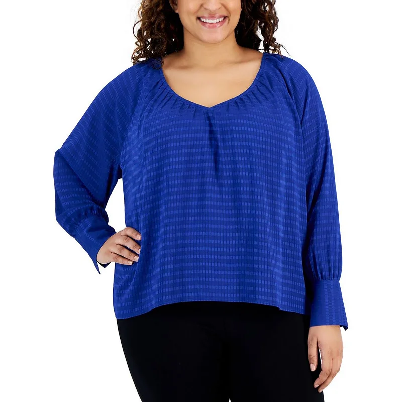 Calvin Klein Womens Plus Pleated Long Sleeve Blouse Lightweight Linen Blouse