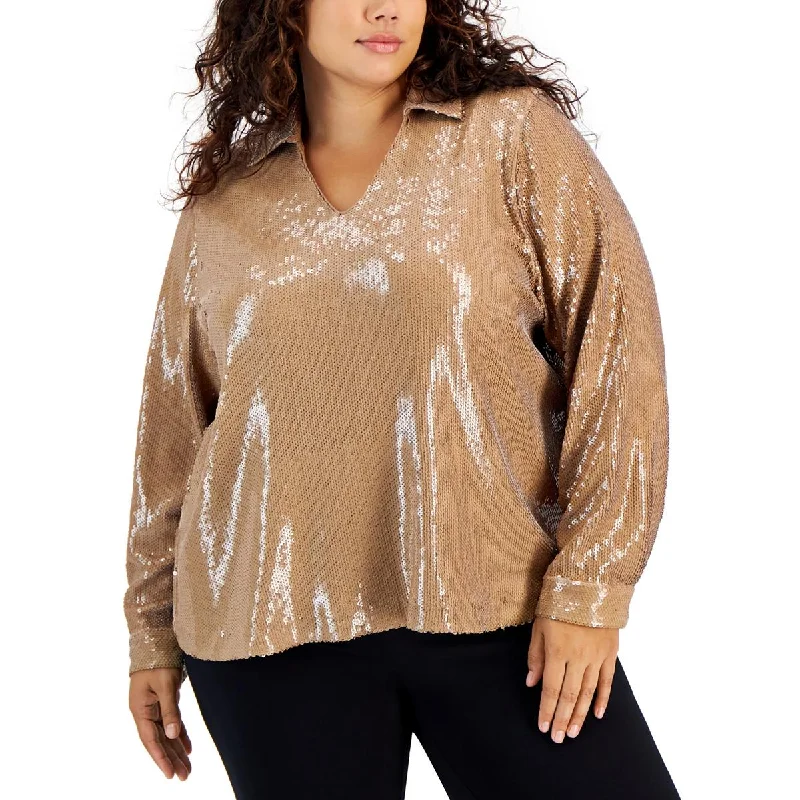 Calvin Klein Womens Plus Sequined Collared Blouse Short Sleeve Blouse
