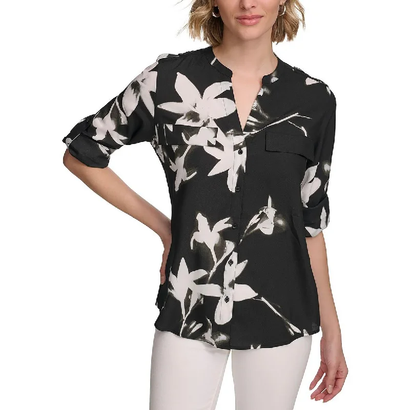 Calvin Klein Womens Printed Long Sleeves Blouse Elegant Lace Blouse